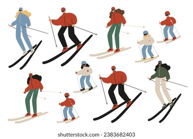 Set of winter season activities illustrations, people skiing, snowboarding, ice skating, sledding, tubing, playing snowballs, building snowman, making snow angel vector clipart, flat style images.