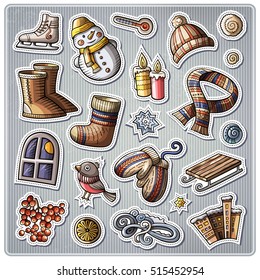 Set of Winter season cartoon stickers. Vector hand drawn objects and symbols collection. Label design elements. Happy holidays. Cute patches, pins, badges series. Comic style.