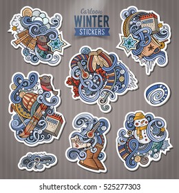 Set of Winter season cartoon stickers. Vector hand drawn objects and symbols collection. Label design elements. Happy holidays. Cute patches, pins, badges series. Comic style.