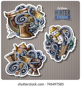 Set of Winter season cartoon stickers. Vector hand drawn objects and symbols collection. Label design elements. All elements are separated