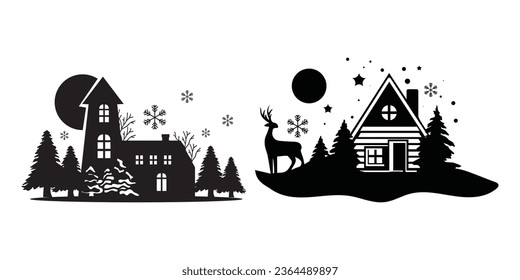 Set of winter season clipart. Christmas silhouette illustration. Ready template for cricut.