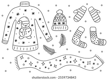 Set of winter season clothes. Sweater and hat, mittens and warm socks, scarf. Spruce branches and snow. Black and white vector isolated illustration hand drawn doodle. Winter vibe garment