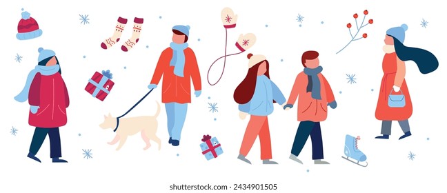 Conjunto de elementos de temporada de invierno en estilo de dibujos animados. Ilustración vectorial de un niño con un perro, una niña, un par de amantes vestidos con ropa de invierno, regalos, patines, calcetines calientes, guantes, un sombrero, copos de nieve.