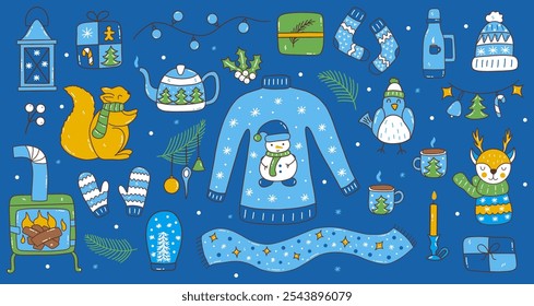 Set of winter season elements on blue background. Sweater and hat, mittens and warm socks, scarf and garlands, stove and hot tea, animals. Colorful vector illustration hand drawn doodle. Winter vibe