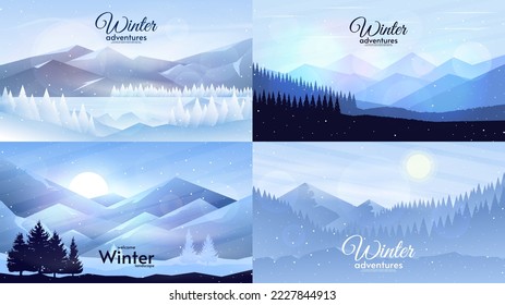 Set of winter season landscape. Flat style illustration. Mountains with forest. Snowfall. Vector illustration. Design for background, wallpaper, poster, postcard, greeting or touristic card.