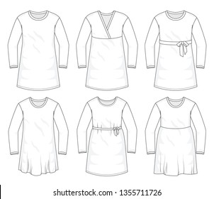 Set of winter season long sleeves dresses and fashion stylish dress collection template, fill in the blank apparal tops bottoms various styles. 