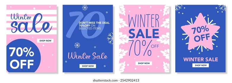 Conjunto de venta de temporada de invierno con oferta especial, oferta de descuento. Felices Navidades y Feliz Año Nuevo. Azul, rosa Plantilla de fondo para publicidad, Web, redes sociales, póster, Anuncio, cubierta