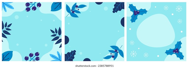 Set of winter season templates for posts, banners, backgrounds, greeting cards. Cool and icy abstract winter promotional content templates. Vector illustration.