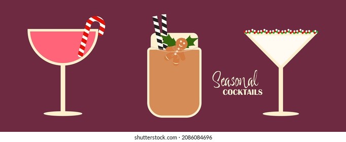 Set of winter seasonal drinks. Set of Christmas cocktails with decoration. Vector illustration.