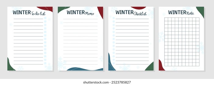 Set of winter sheets with cute wintry pattern. To do list, note, memo, checklist. Vector illustration for agenda, planners, notebooks, cards and other stationery. Layout A5