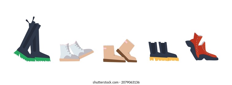 Set von Winterschuhen. Hohe Stiefel, kurze Stiefel und Turnschuhe auf weißem Hintergrund. Flacher Vektor.