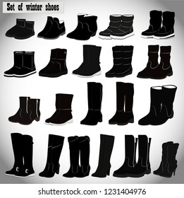 Set of winter shoes on a light gray background