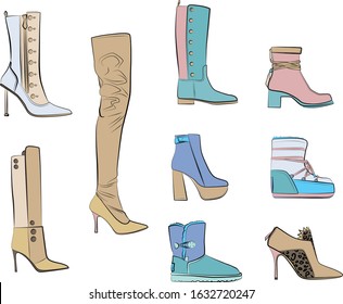 Set of winter shoes vector isolated on white background. Autumn and spring collection of woman boots and heels. Pastel, pink, blue, beige, green colors.