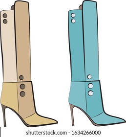 Set of winter shoes vector isolated on white background. Autumn and spring collection of woman boots and heels. Pastel, pink, blue, beige, green colors.

