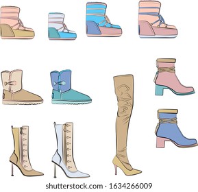 Set of winter shoes vector isolated on white background. Autumn and spring collection of woman boots and heels. Pastel, pink, blue, beige, green colors.

