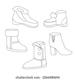 Set von Winterschuhen. Vektorgrafik. Technische Zeichnung von Rassenmodellen von beliebten Schuhen. Kann für Bekleidungs- und Schuhkataloge, Geschäfte, Websites, Workshops, Workshops verwendet werden 
