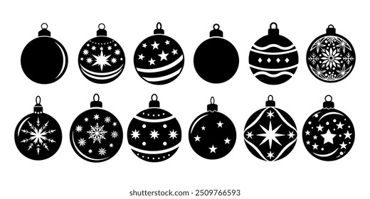 Set of winter silhouettes in black, outline. Christmas tree toys, balls