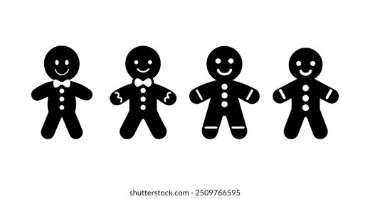 Conjunto de siluetas de invierno en negro, contorno. Hombre de pan de jengibre. 