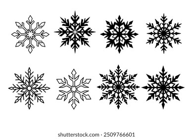 Set of winter silhouettes in black, outline. Different kinds of snowflakes.