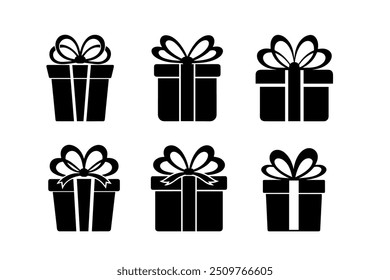 Set of winter silhouettes in black, outline. Gift boxes. 
