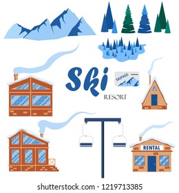 Set of winter ski resort elements, landscape and buildings. Vector illustration 2019