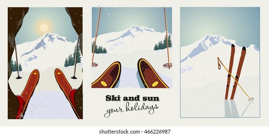 Set of winter ski vintage posters. Skier getting ready to descend the mountain. Winter background. Grunge effect it can be removed.