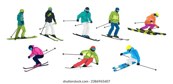 Set of winter skier in various position. Collection of sport activities. Extreme outdoor activity. Youth competition. Cartoon design. Isolated on white background. Vector illustration