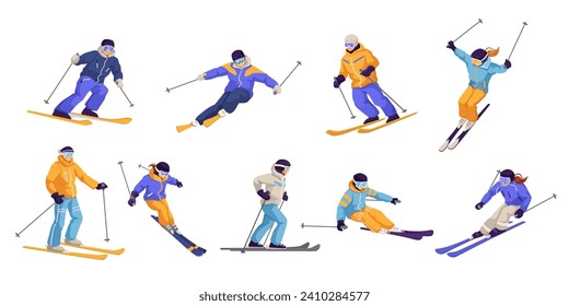 Set of winter skier in various position. Collection of sportsman doing extreme outdoor sport activity. Youth competition. Cartoon design. Isolated on white background. Vector illustration