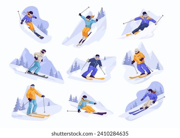 Set of winter skier in various position. Collection of sportsman doing sport. Extreme outdoor activity. Youth competition. Cartoon design. Isolated on white background. Vector illustration