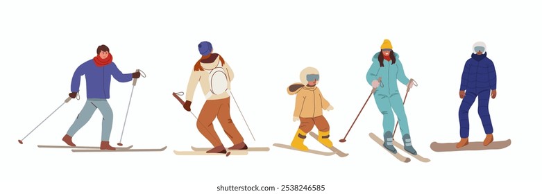 Conjunto de esquiador de inverno em várias posições. Coleção de desportistas que praticam atividades desportivas. Atividade externa extrema. Competição de jovens. Isolado no fundo branco. Ilustração vetorial.