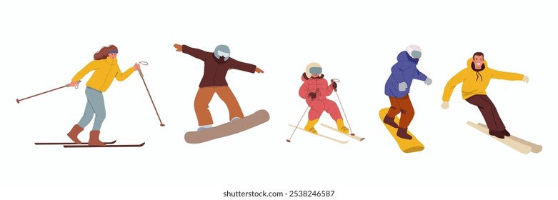 Set of winter skier in various position. Collection of sportsman doing sport activity. Extreme outdoor activity. Youth competition. Isolated on white background. Vector illustration.