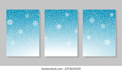 Set of winter sky background with snow and snowflakes, frames. Vector illustration. Social media banner template for stories, posts, blogs, cards, invitations.