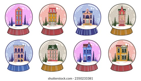 Conjunto de globos de nieve de invierno. Bola de nieve de cristal con caída de nieve y casa holandesa. Vector.
