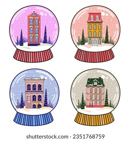 Set of Winter snow globes. Crystal snowball with falling snow and Dutch house. Vector.