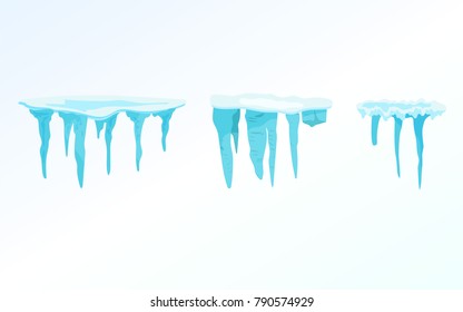 Set of winter snow icicles, snowball. Icicles on light background, christmas snowflakes, snowdrifts, christmas decorations. Winter season. Snow, ice cap. Vector illustration isolated in flat style.