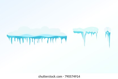 Set of winter snow icicles, snowballs. Icicles on light background, christmas snowflakes, snowdrifts, christmas decorations. Winter season. Snow, ice cap. Vector illustration isolated in flat style.