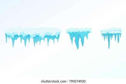 Set of winter snow icicles, snowballs. Icicles on light background, christmas snowflakes, snowdrifts, christmas decorations. Winter season. Snow, ice cap. Vector illustration isolated in flat style.
