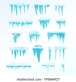 Set of winter snow icicles, snowballs. Icicles on light background, christmas snowflakes, snowdrifts, christmas decorations, drifts. Winter season. Snow, ice cap. Illustration isolated in flat style