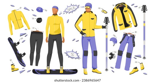 Set of winter snowboarding clothes on sale. Yellow collection of extreme sport equipment. Special wear for mountain outdoor activity. Isolated on white background. Vector illustration