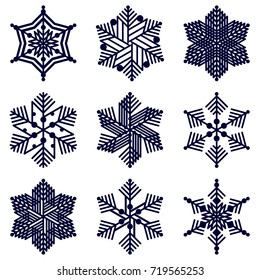 Set of winter snowflakes and crystal from geometric shapes on white isolated background. Vector circular graphic ornament, design for Christmas, New Year greeting card, banner, icon or logo