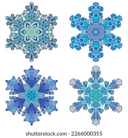 Juego de copos de nieve en invierno. Ilustración de vector decorativa dibujada a mano