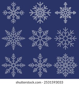 Conjunto de ícones de flocos de neve de inverno. Flocos de neve brancos vetoriais isolados sobre fundo azul escuro.