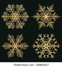 Set of winter snowflakes on a dark golden background.  Vector illustration.