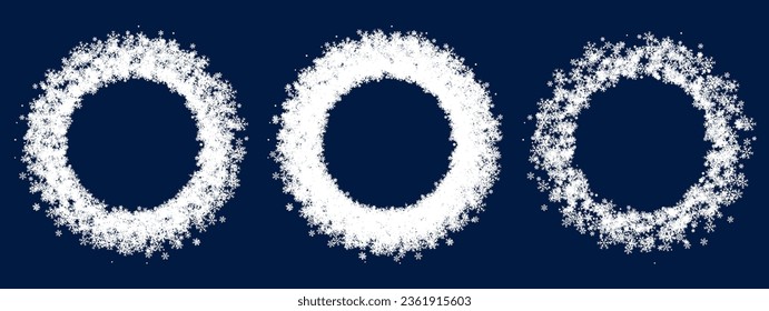 Set of winter snowflakes rings. Soft fluffy circles of white snow flakes for design and decoration of winter holiday cards, social media templates. Simple vector icons isolated on blue background