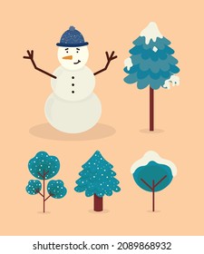 set of winter snowman and trees