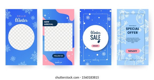 Set of winter social media stories. Blue winter banners with falling snowflakes and christmas elements. Backgrounds collection. Template for event invitation, product catalog, ad. Vector eps 10