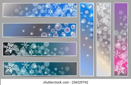 Set of winter sparkling  banners with snowflakes for new year and Christmas on the blue, grey and purple background