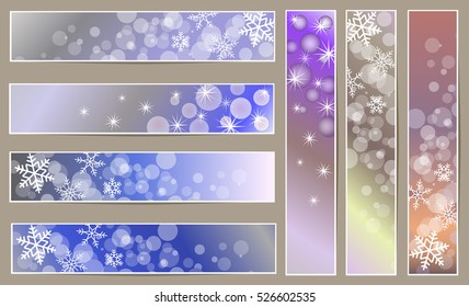 Set of winter sparkling  banners with snowflakes for new year and Christmas on the blue, grey and purple background
