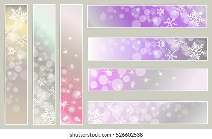 Set of winter sparkling  banners with snowflakes for new year and Christmas on the blue, grey and purple background