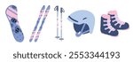 Set for winter sport activities snowboard, skis, pair of ski poles, protective helmet, ski boots in blue and pink colors on white background. Hand drawn vector illustration in flat style